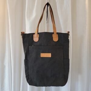 Pragma Style Black Canvas Tote Bag with Brown Leather Handles and Pockets 12"